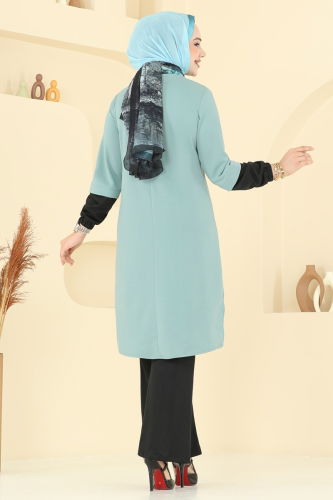 moda selvim طقم أخضر باهت وأسود PL9119 - Thumbnail