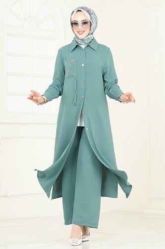 moda selvim طقم أخضر باهت PL9127 - Thumbnail