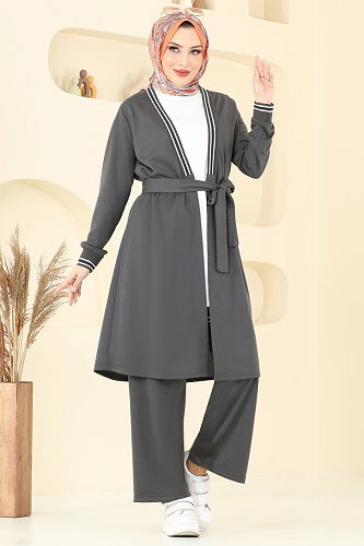 moda selvim طقم رمادي غامق PL9128 - Thumbnail