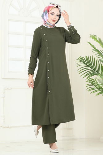 moda selvim طقم أخضر عفني غامق PL9136 - Thumbnail