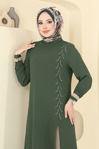 moda selvim طقم أخضر عفني و بيج PL9137 - Thumbnail