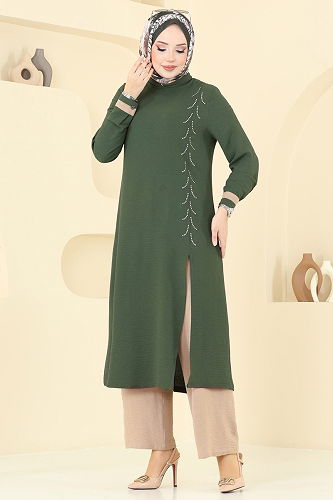 moda selvim طقم أخضر عفني و بيج PL9137 - Thumbnail