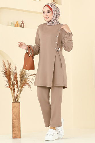 moda selvim طقم بيج غامق PL9166 - Thumbnail