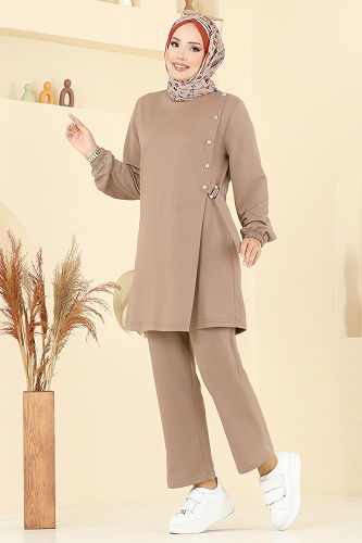 moda selvim طقم بيج غامق PL9166 - Thumbnail