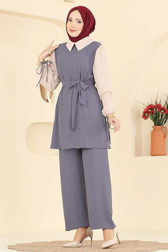 moda selvim طقم رمادي غامق &بيج PL9172 - Thumbnail