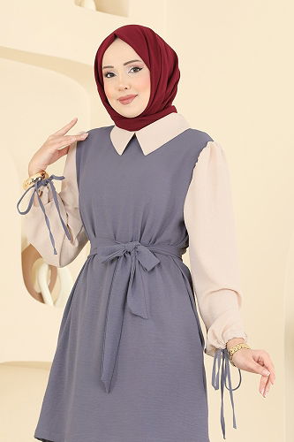 moda selvim طقم رمادي غامق &بيج PL9172 - Thumbnail