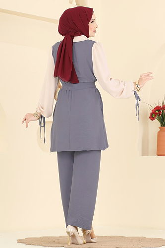 moda selvim طقم رمادي غامق &بيج PL9172 - Thumbnail