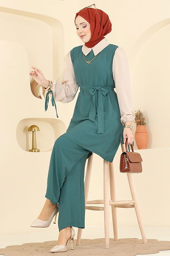 moda selvim طقم أخضر باهت غامق PL9172 - Thumbnail