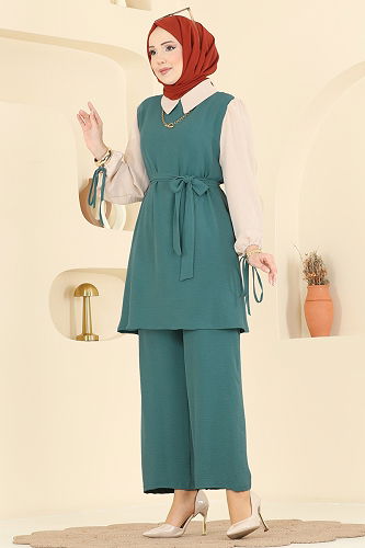 moda selvim طقم أخضر باهت غامق PL9172 - Thumbnail