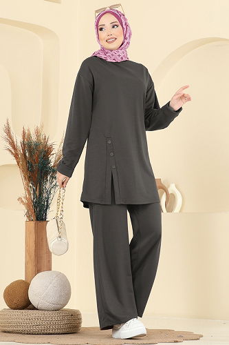 moda selvim طقم رمادي غامق PL9181 - Thumbnail