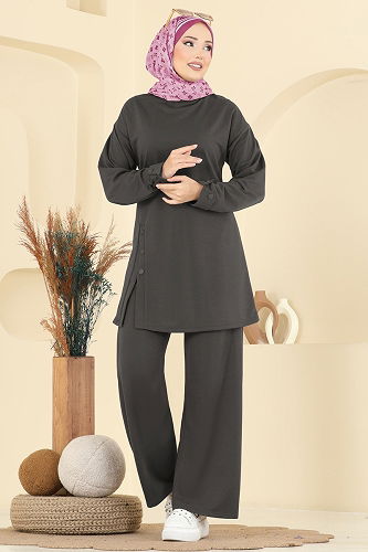 moda selvim طقم رمادي غامق PL9181 - Thumbnail