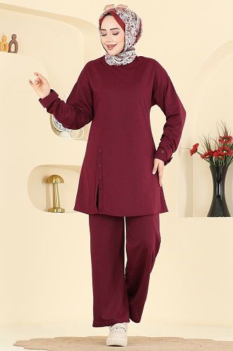 moda selvim طقم خمري غامق PL9181 - Thumbnail