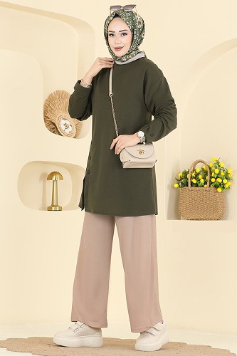 moda selvim طقم أخضر عفني و بيج PL9181 - Thumbnail