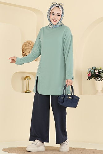 moda selvim طقم أخضر باهت وكحلي PL9181 - Thumbnail