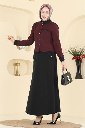 moda selvim طقم خمري و أسود PL9182 - Thumbnail