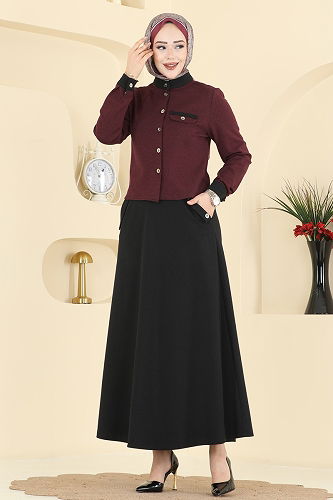 moda selvim طقم خمري و أسود PL9182 - Thumbnail