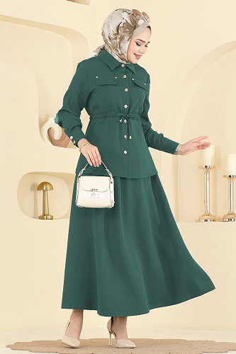 moda selvim طقم أخضر باهت غامق PL9187 - Thumbnail