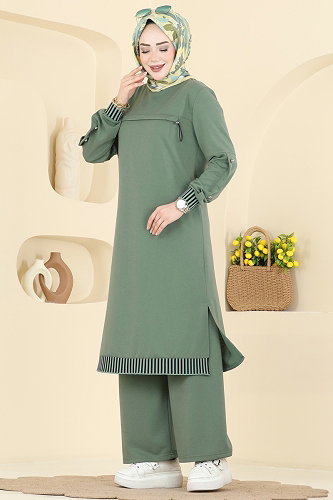 moda selvim طقم أخضر باهت PL9193 - Thumbnail