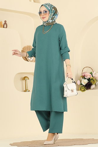 moda selvim طقم أخضر باهت غامق PL9207 - Thumbnail