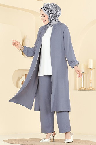 moda selvim طقم رمادي غامق PL9223 - Thumbnail
