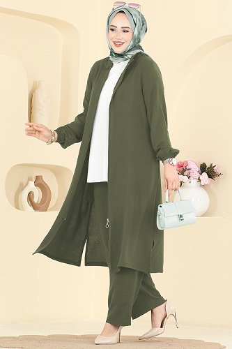 moda selvim طقم أخضر عفني غامق PL9223 - Thumbnail