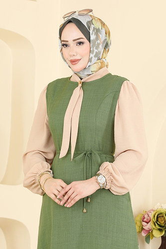 moda selvim طقم أخضر عشبي وبيج PL9227 - Thumbnail
