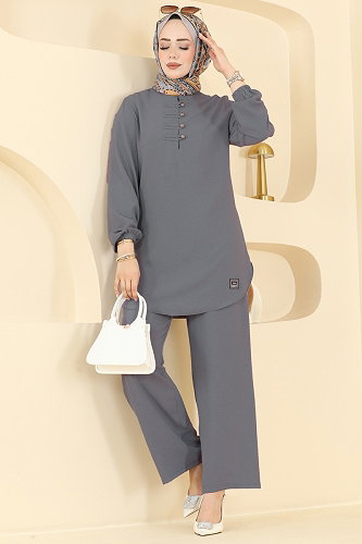 moda selvim طقم رمادي غامق PL9238 - Thumbnail