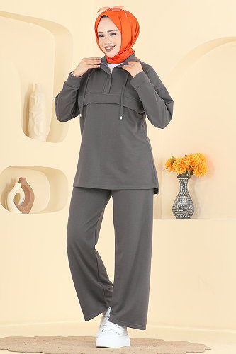 moda selvim طقم رمادي غامق PL9256 - Thumbnail