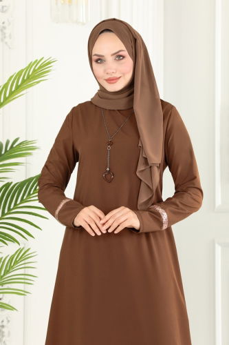 moda selvim Crepe Dress with Necklace ASM2682 Bitter Brown - Thumbnail