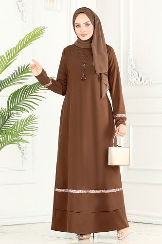 moda selvim الفستان بني ASM2682 - Thumbnail