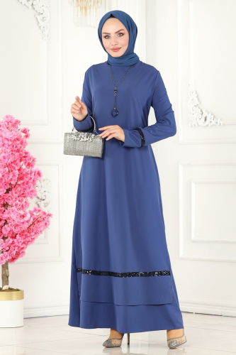 A.S.M. - Crepe Dress with Necklace ASM2682 Indigo&Navy Blue