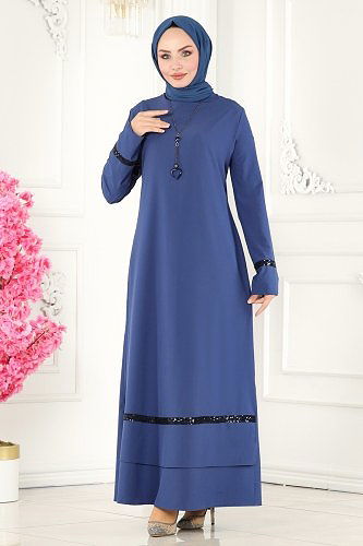 moda selvim الفستان أزرق وكحلي ASM2682 - Thumbnail