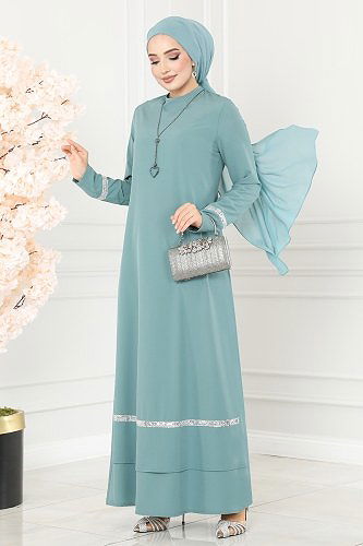 moda selvim الفستان أخضر باهت ASM2682 - Thumbnail