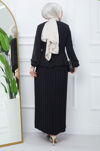 moda selvim Crepe Suit with Pleated Skirt EFS544 Black - Thumbnail