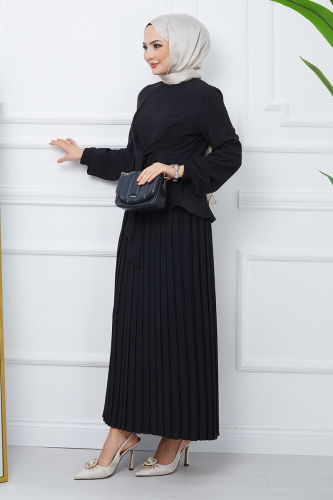 moda selvim Crepe Suit with Pleated Skirt EFS544 Black - Thumbnail