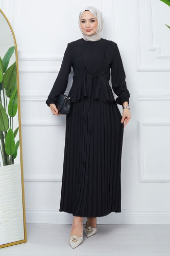 moda selvim Crepe Suit with Pleated Skirt EFS544 Black - Thumbnail