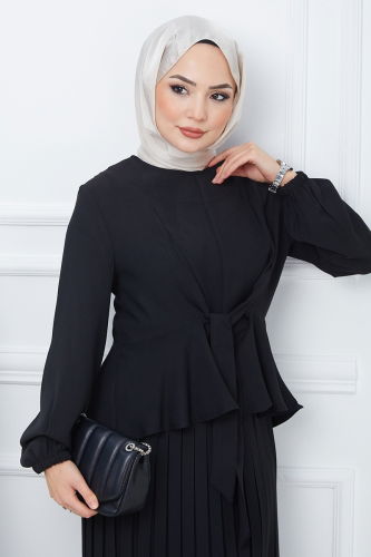 moda selvim Crepe Suit with Pleated Skirt EFS544 Black - Thumbnail