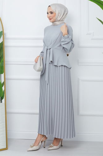 moda selvim Crepe Suit with Pleated Skirt EFS544 Gray - Thumbnail