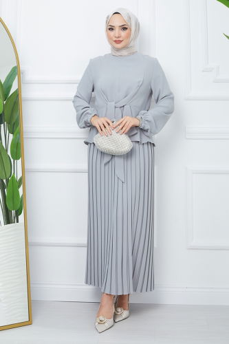 moda selvim Crepe Suit with Pleated Skirt EFS544 Gray - Thumbnail