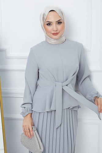 moda selvim Crepe Suit with Pleated Skirt EFS544 Gray - Thumbnail