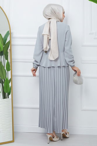 moda selvim Crepe Suit with Pleated Skirt EFS544 Gray - Thumbnail