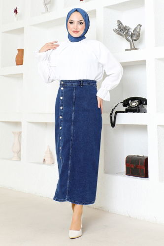 moda selvim Cross Button Jeans Skirt FLR7721 Dark Blue - Thumbnail