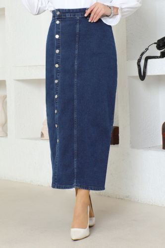 moda selvim Cross Button Jeans Skirt FLR7721 Dark Blue - Thumbnail