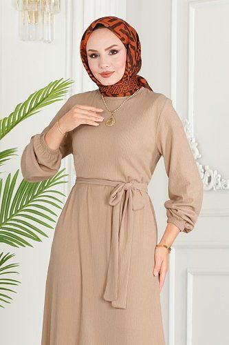 moda selvim Cuff Elasticated Burlap Dress 263DVL817 Stone - Thumbnail