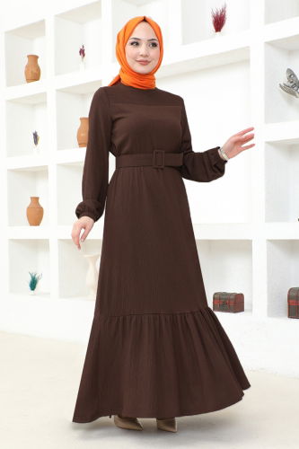 moda selvim Cuff Elasticated Burlap Dress MSL206 Brown - Thumbnail