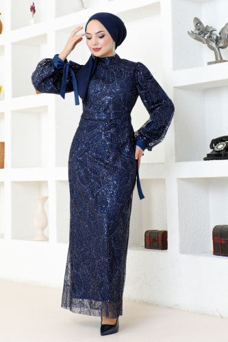 moda selvim Cuffed Pencil Evening Dresses MSL6568 Navy Blue - Thumbnail