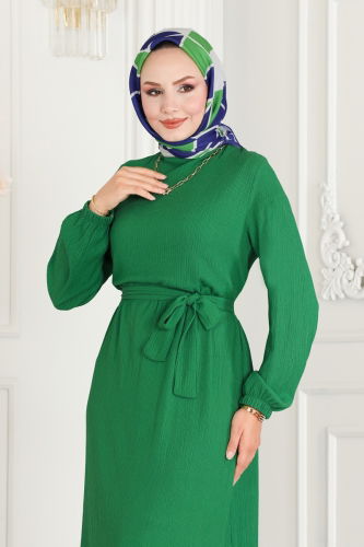 moda selvim Cuffs Elasticated Crepe Dress 263DVL817 Benetton Green - Thumbnail