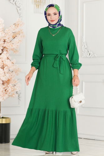 moda selvim Cuffs Elasticated Crepe Dress 263DVL817 Benetton Green - Thumbnail