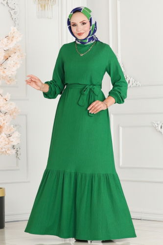 moda selvim Cuffs Elasticated Crepe Dress 263DVL817 Benetton Green - Thumbnail