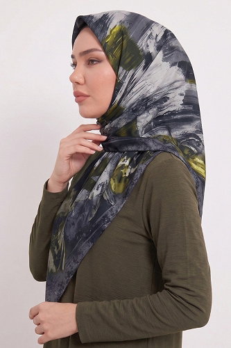 moda selvim Dalga Desen Eşarp Serisi 179AFV475 Haki&Siyah - Thumbnail